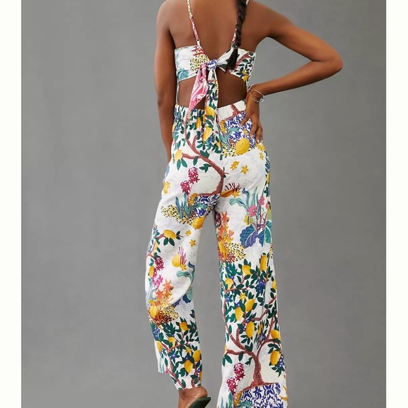 Anthropologie Maeve Cut Out Linen Spring/Summer Print Jumpsuit. - Picture 2 of 14